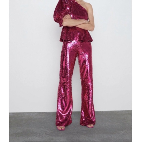 NWT Zara fuchsia sequin flare pants - Picture 2 of 9